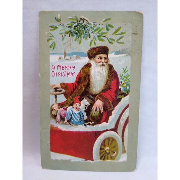 Santa Claus Brown Hat Christmas Postcard Driving Auto Jester Toy Vintage Germany - Picture 6 of 7